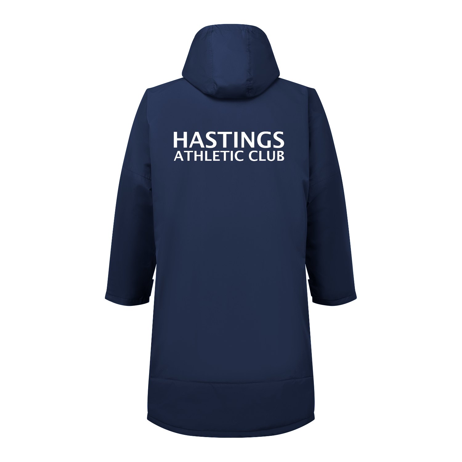 Rear view of the Hastings Athletic Club adults' changing robe. It is navy with sapphire blue accents. The club's name can be seen printed on the left breast.