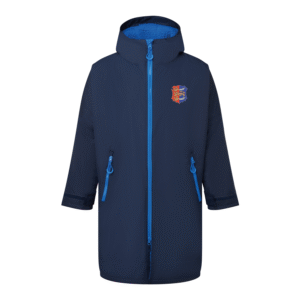 Frontal view of the Hastings Athletic Club adults' changing robe. It is navy with sapphire blue accents. The club's crest can be seen printed on the left breast.