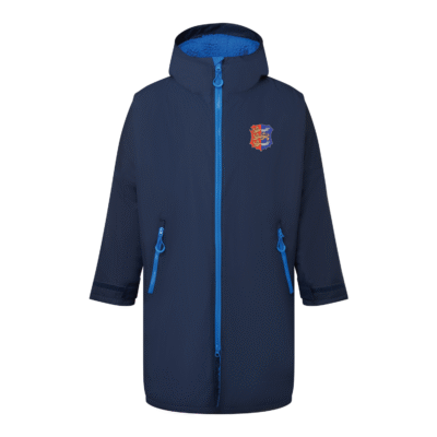 Frontal view of the Hastings Athletic Club adults' changing robe. It is navy with sapphire blue accents. The club's crest can be seen printed on the left breast.