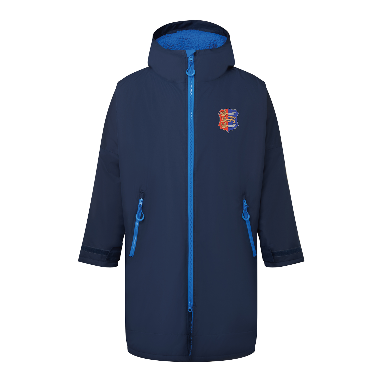 Frontal view of the Hastings Athletic Club adults' changing robe. It is navy with sapphire blue accents. The club's crest can be seen printed on the left breast.
