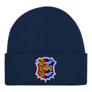 Frontal view of the Hastings Athletic Club adult beanie. It is a navy beanie with the club's crest embroidered on the front.