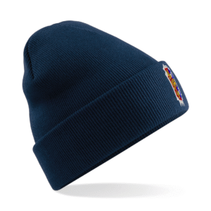 Side-on view of the Hastings Athletic Club adult beanie. It is a navy beanie with the club's crest embroidered on the front.