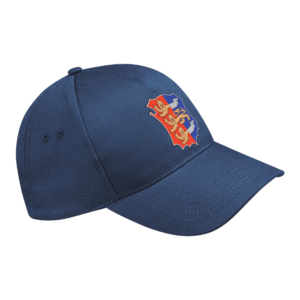 Side on view of the Hastings Athletic Club adult cap. A navy cap with the club's crest printed on the front.