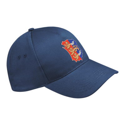 Side on view of the Hastings Athletic Club adult cap. A navy cap with the club's crest printed on the front.