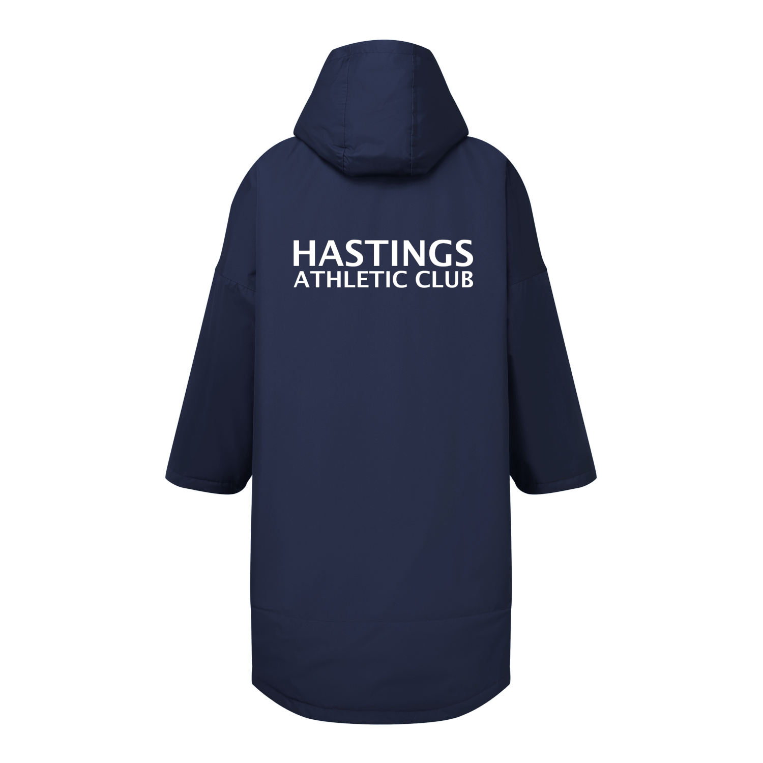 Rear view of the Hastings Athletic Club kids' changing robe. It is navy with sapphire blue accents. The club's name can be seen printed on the left breast.