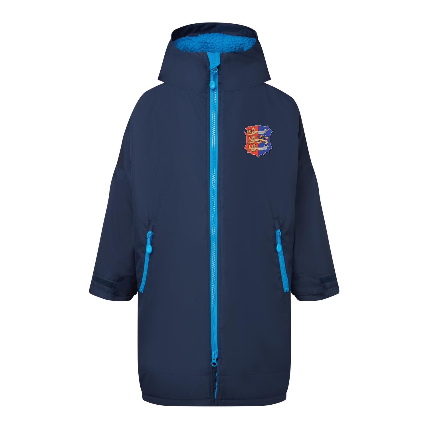 Frontal view of the Hastings Athletic Club kids' changing robe. It is navy with sapphire blue accents. The club's crest can be seen printed on the left breast.