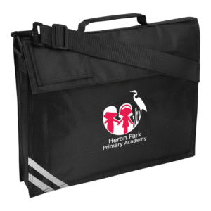 Frontal view of the Heron Park Primary Academy book bag. A black book bag with the school's logo printed on the front.