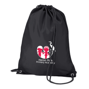 Frontal view of the Heron Park Primary Academy PE bag. A black drawstring bag with the school's logo printed on the front.