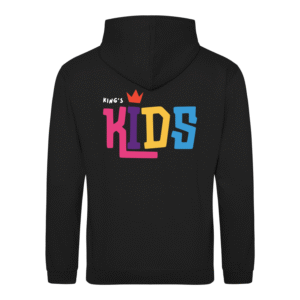 Rear view of the King's Kids hoodie. A black hoodie with the King's Kids logo printed on the back.
