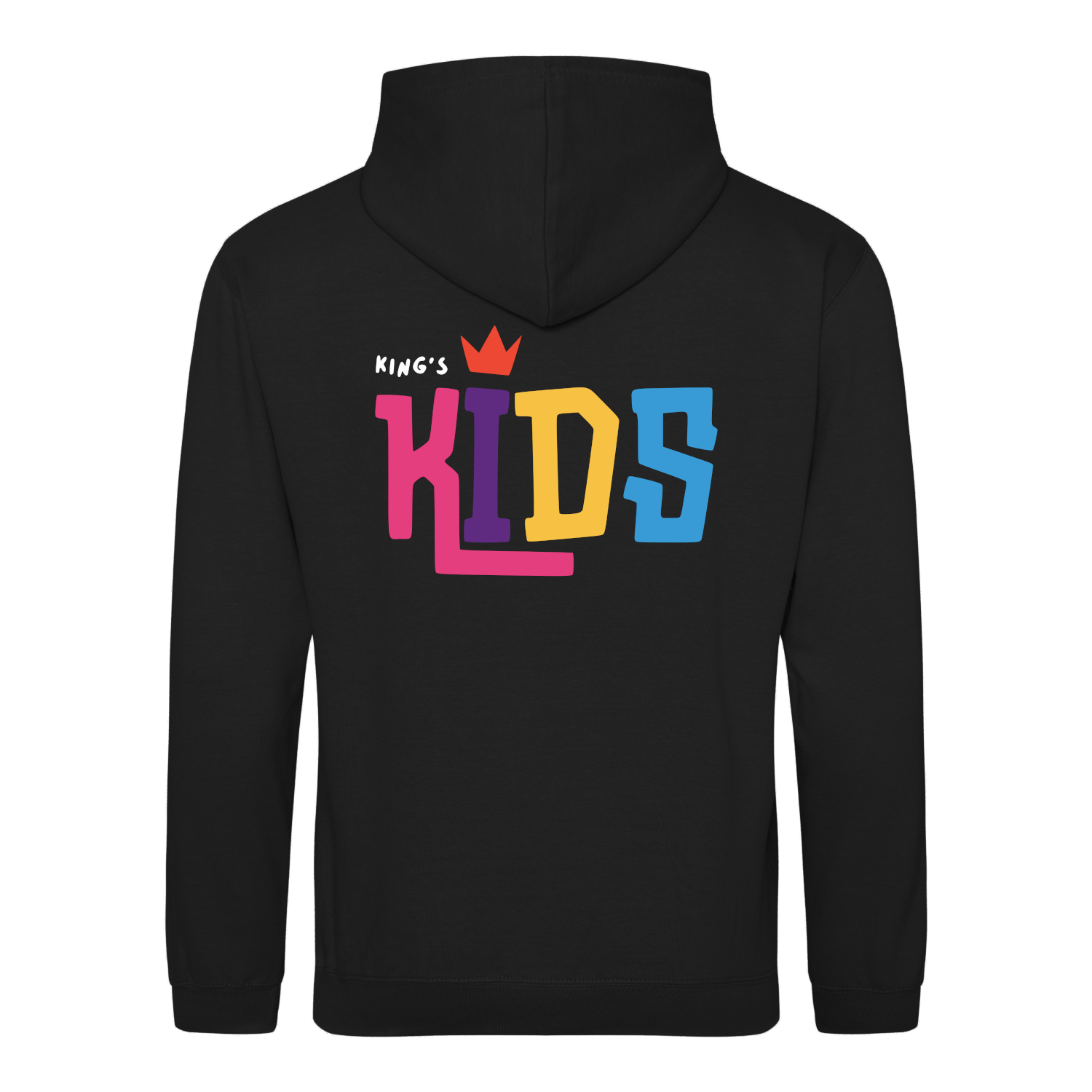 Rear view of the King's Kids hoodie. A black hoodie with the King's Kids logo printed on the back.