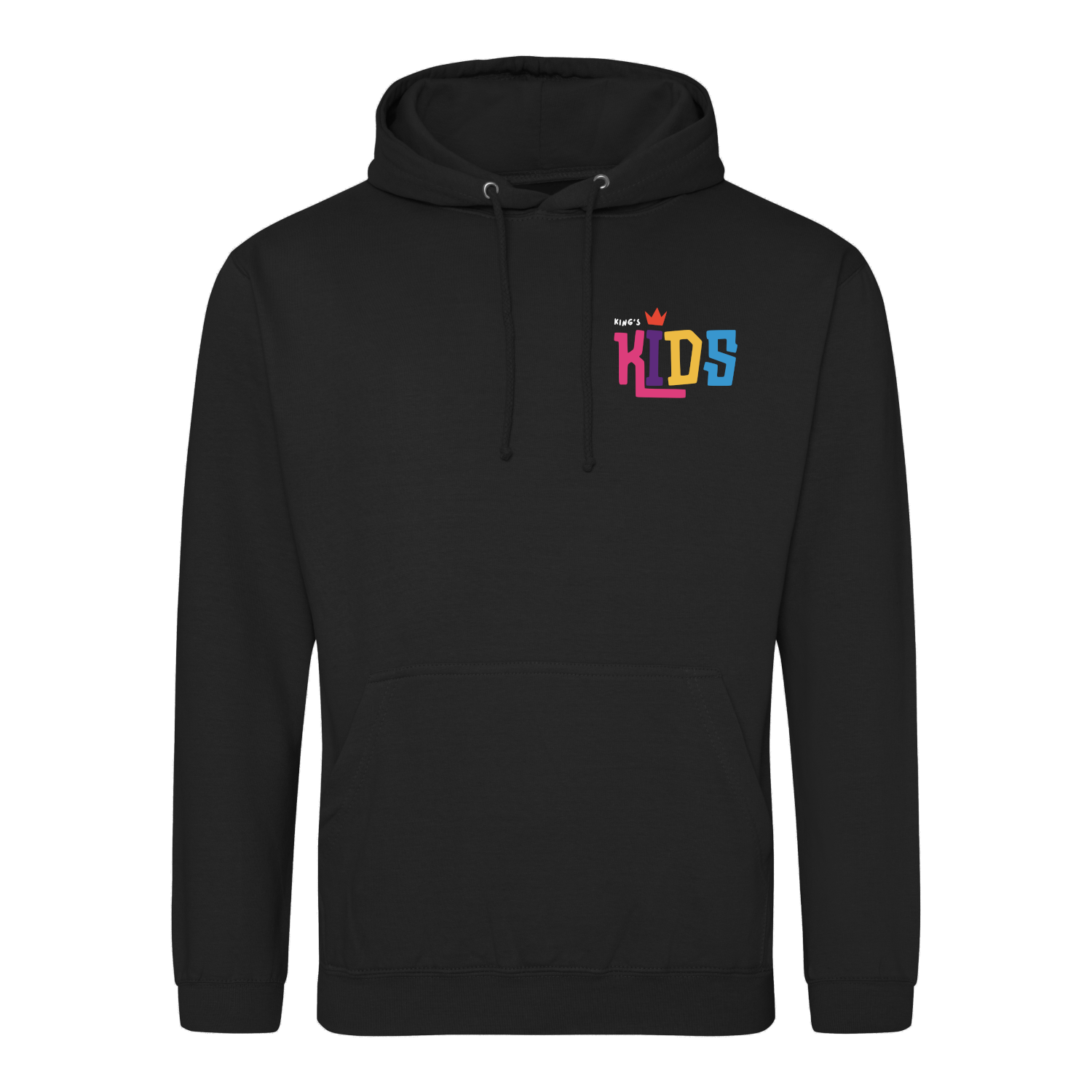 Frontal view of the King's Kids hoodie. A black hoodie with the King's Kids logo printed on the left breast.