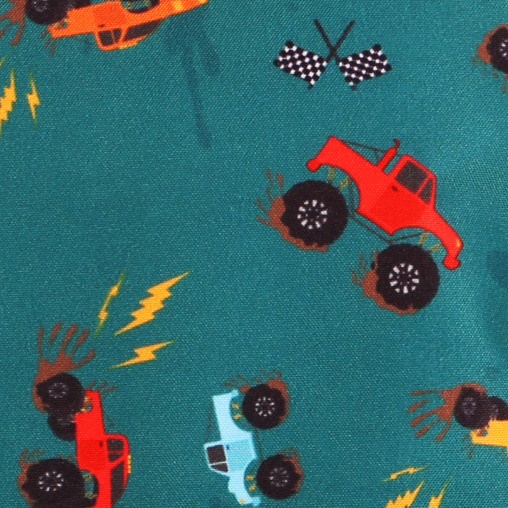 Various colours of monster truck against a teal background.