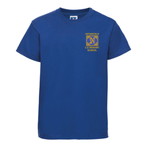 Frontal view of the Netherfield Primary School PE t-shirt. A royal blue t-shirt with the school's logo embroidered on the left breast.