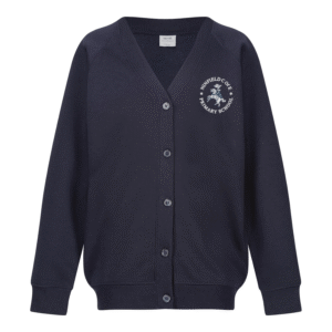 Frontal view of the Ninfield Primary School cardigan. A navy cardigan with the school's logo embroidered on the left breast.