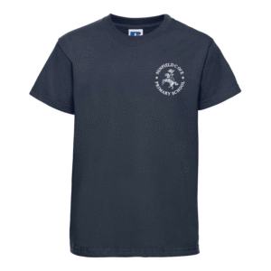 Frontal view of the Ninfield Primary School PE t-shirt. A navy t-shirt with the school's logo embroidered on the left breast.
