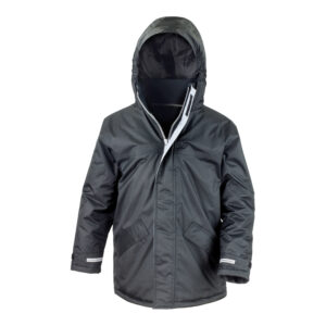 Frontal view of a kids winter coat in black.