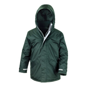 Frontal view of a kids winter coat in bottle green.