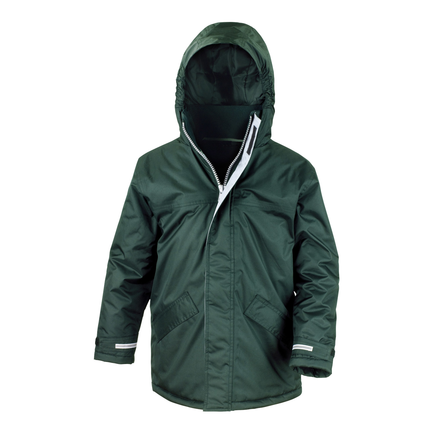 Frontal view of a kids winter coat in bottle green.