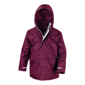 Frontal view of a kids winter coat in burgundy.