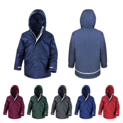 A frontal view of a navy kids winter coat next to a rear view of the same coat next to it. Below, the coat can be seen in five more colours: burgundy, bottle green, black, royal blue, and red.