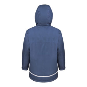 Rear view of the kids winter coat in navy. A reflective strip runs horizontally just below the bottom of the coat.