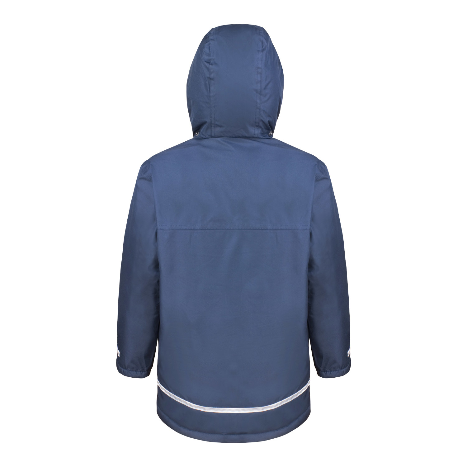 Rear view of the kids winter coat in navy. A reflective strip runs horizontally just below the bottom of the coat.