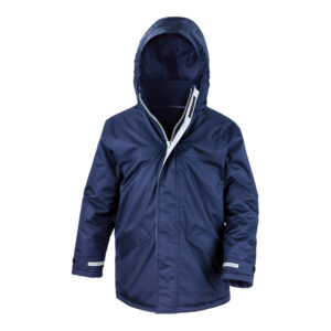 Frontal view of a kids winter coat in navy.