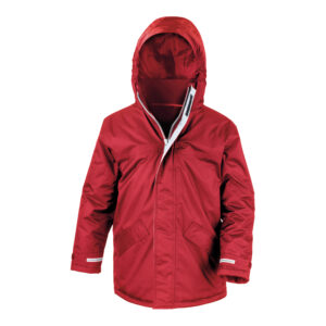 Frontal view of a kids winter coat in red.