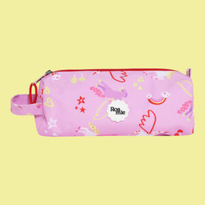 In front of a yellow background: a kids' pink pencil case with imagery of purple and white unicorns amongst various colours of hearts, stars, rainbows, and mushrooms.