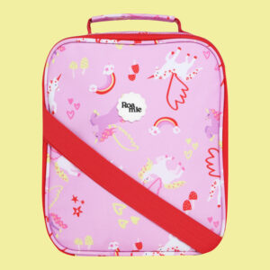 In front of a yellow background: a pink kids' lunch bag with imagery of purple and white unicorns amongst various colours of hearts, stars, rainbows, and mushrooms.