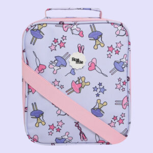In front of a lilac background: a pale lilac kids' lunch bag with imagery of yellow and white mice wearing ballerina costumes amongst pink and purple stars, love heart shaped balloons, and ballerina shoes.