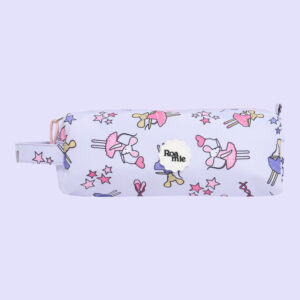 In front of a lilac background: a pale lilac pencil case with imagery of yellow and white mice wearing ballerina costumes amongst pink and purple stars, love heart shaped balloons, and ballerina shoes.