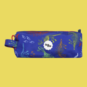 In front of a yellow background: a royal blue pencil case with imagery of skeletal outlines of various dinosaur species in various colours amongst similar outlines of dinosaur tracks.