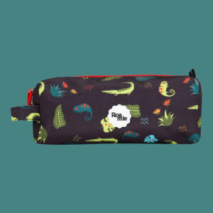 In front of a teal background: a kids' black pencil case with imagery of dark teal and green lizards amongst various leaves and plants of the jungle.