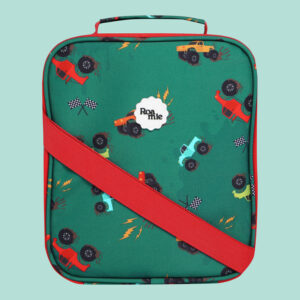 In front of a mint green background: an emerald green kids' lunch bag with imagery of various colours of monster trucks, racing flags, and faux oil marks.