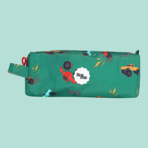 In front of a mint green background: a kids' emerald green pencil case with imagery of various colours of monster trucks, racing flags, and faux oil marks.