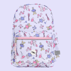 In front of a lilac background: a pale lilac backpack with imagery of yellow and white mice wearing ballerina costumes amongst pink and purple stars, love heart shaped balloons, and ballerina shoes.