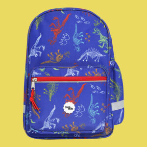 In front of a yellow background: a royal blue backpack with imagery of skeletal outlines of various dinosaur species in various colours amongst similar outlines of dinosaur tracks.