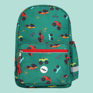 In front of a mint green background: a kids' emerald green backpack with imagery of various colours of monster trucks, racing flags, and faux oil marks.
