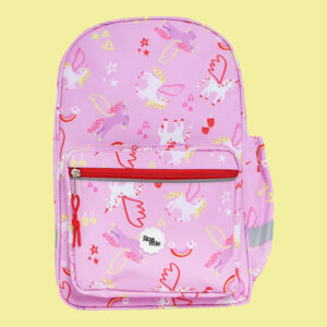 In front of a yellow background: a kids' pink backpack with imagery of purple and white unicorns amongst various colours of hearts, stars, rainbows, and mushrooms.