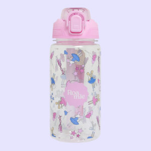 In front of a lilac background: a kids' water bottle with imagery of yellow and white mice wearing ballerina costumes amongst pink and purple stars, love heart shaped balloons, and ballerina shoes.
