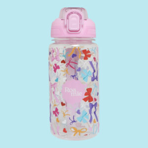 In front of a sky blue background: a water bottle with imagery of bows of various shapes, sizes, and colours. Amongst the bows are love hearts of different colours.