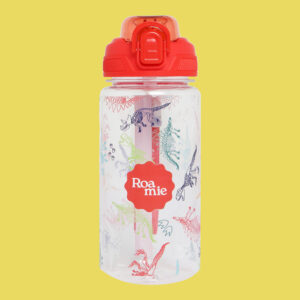 In front of a yellow background: a water botte with imagery of skeletal outlines of various dinosaur species in various colours amongst similar outlines of dinosaur tracks.