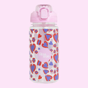 In front of a baby pink background: a baby water bottle with imagery of varying sized child-like drawings of hearts with a disjointed red outline and purple center.