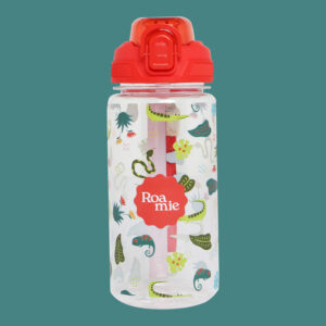 In front of a teal background: a kids' water bottle with imagery of dark teal and green lizards amongst various leaves and plants of the jungle.