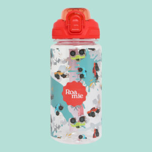 In front of a mint green background: a kids' water bottle with imagery of various colours of monster trucks, racing flags, and faux oil marks.