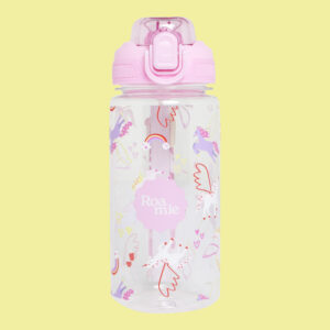 In front of a yellow background: a kids' water bottle with imagery of purple and white unicorns amongst various colours of hearts, stars, rainbows, and mushrooms.