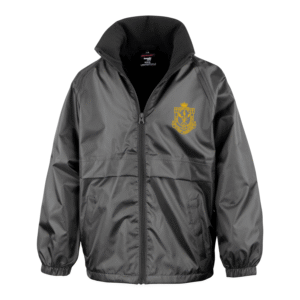 Frontal view of the St Mary Magdalene Primary School black waterproof jacket with the school's logo embroidered on the left breast.