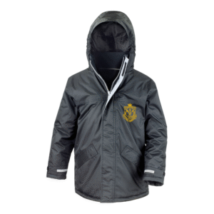 Frontal view of the St Mary Magdalene Primary School black winter coat with the school's logo embroidered on the left breast.