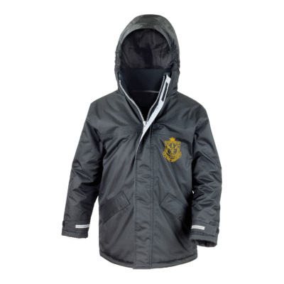 Frontal view of the St Mary Magdalene Primary School black winter coat with the school's logo embroidered on the left breast.